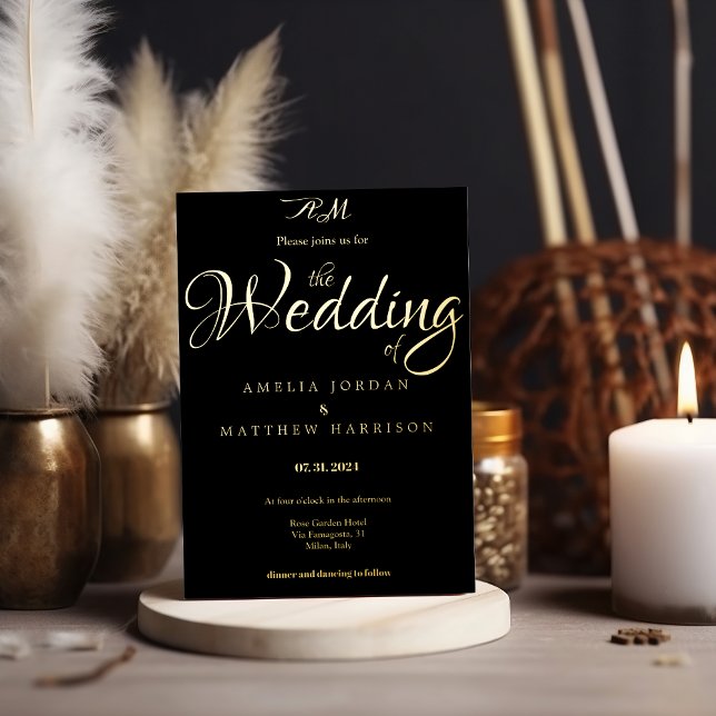 Invitación Con Relieve Metalizado Elegante Boda de caligrafía romántica de oro negro (Subido por el creador)