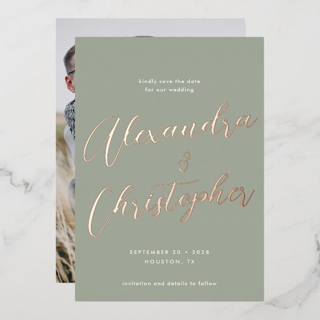 Invitación Con Relieve Metalizado Elegante boda de caligrafía sabia salva la fecha (Anverso/Reverso)