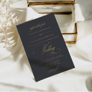 Invitación Con Relieve Metalizado Elegante Boda de Caligrafía Vintage Gris Naval