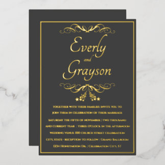 Invitación Con Relieve Metalizado Elegante Boda de carbón vegetal Veri y oro