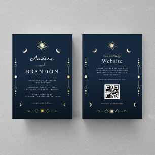Invitación Con Relieve Metalizado Elegante Boda de Código QR de Luna y Sol de Oro Ce