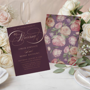 Invitación Con Relieve Metalizado Elegante boda de color burdeos y floral artístico
