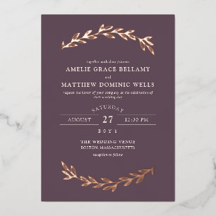 Invitación Con Relieve Metalizado Elegante boda de color mauve oscuro y verde dorado