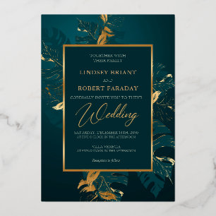 Invitación Con Relieve Metalizado Elegante boda de color verde oscuro y papel de oro