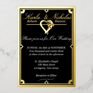 Invitación Con Relieve Metalizado Elegante Boda de Corazón Art Déco Negro