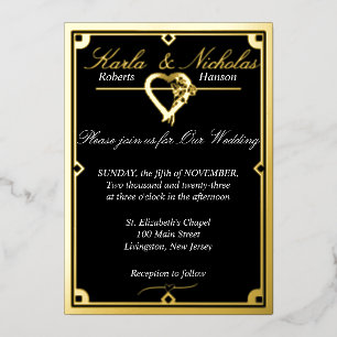 Invitación Con Relieve Metalizado Elegante Boda de Corazón de Art Deco Negro