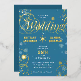 Invitación Con Relieve Metalizado Elegante Boda de Cuento de Hadas Invernal Azul Dor