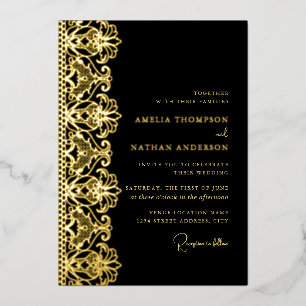 Invitación Con Relieve Metalizado Elegante Boda de Encaje de Oro Negro de Hoja