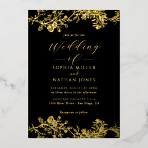 Invitación Con Relieve Metalizado Elegante Boda de Encaje Floral con Hojas de Oro Re