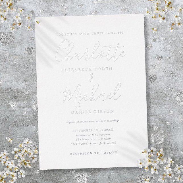 Invitación Con Relieve Metalizado Elegante Boda de escritura de firma plateado (Elegant Signature Script Wedding Silver Foil Invitation)