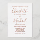 Invitación Con Relieve Metalizado Elegante Boda de escritura de firma Rosa Relieve m<br><div class="desc">Con nombres de Relieve metalizado de oro rosa y estilo característico,  esta elegante invitación a la boda puede ser personalizada con su información en letras de moda. Diseñado por Thisisnotme©</div>