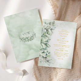 Invitación Con Relieve Metalizado Elegante Boda de Eucalipto con Hojas de Acuarela y