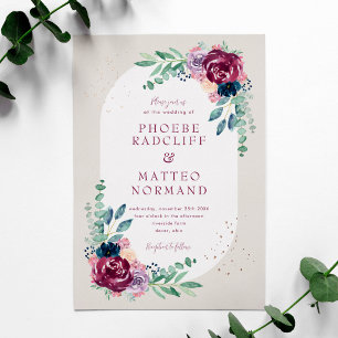 Invitación Con Relieve Metalizado Elegante Boda de Flores de Acuarela Burgundy Navy