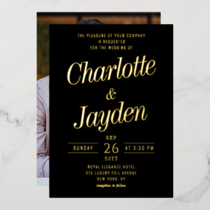 Invitación Con Relieve Metalizado Elegante Boda de Foto de Oro Negro