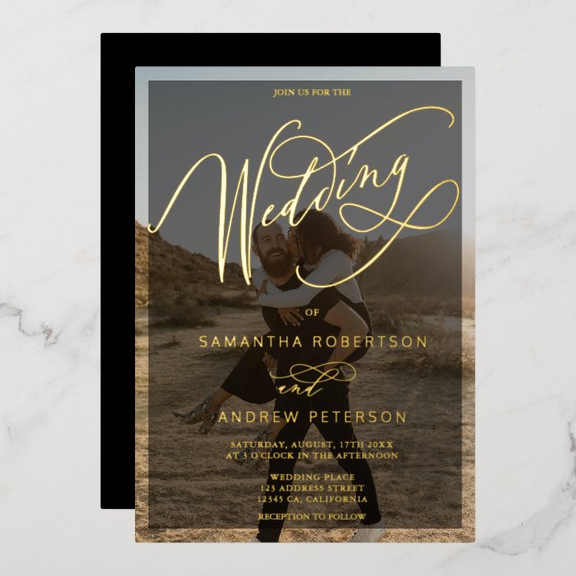 Invitación Con Relieve Metalizado Elegante boda de fotografía de caligrafía minimali (Anverso/Reverso)