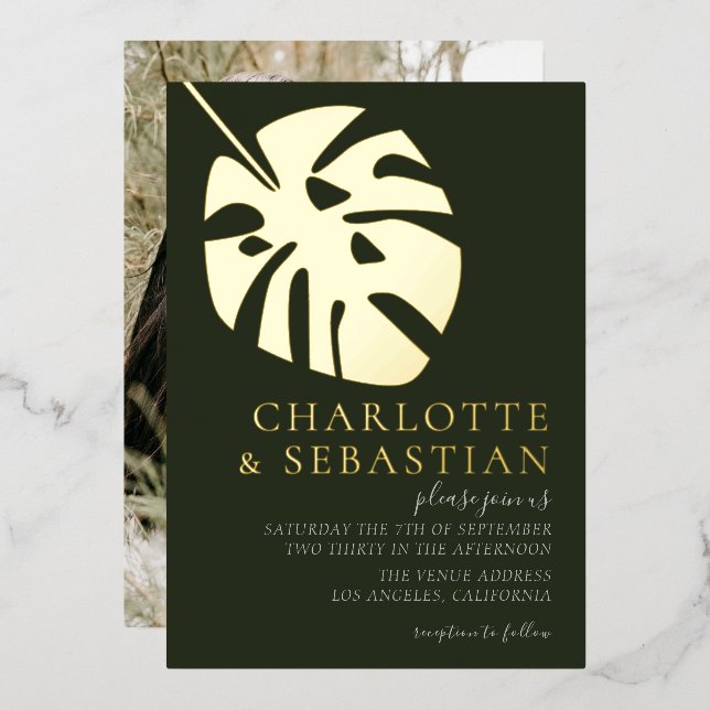 Invitación Con Relieve Metalizado Elegante Boda de fotografía verde profundo persona (Anverso/Reverso)