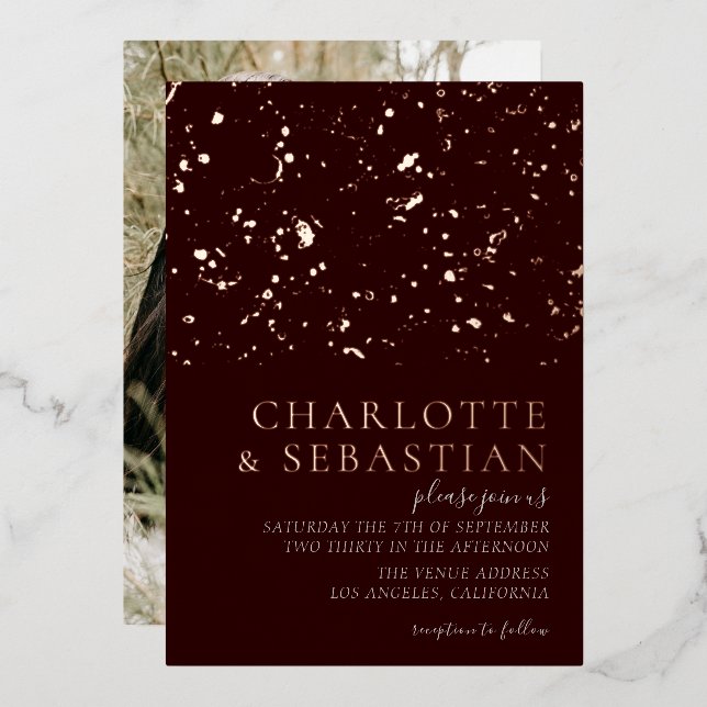 Invitación Con Relieve Metalizado Elegante Boda de fotografías en rojo profundo pers (Anverso/Reverso)