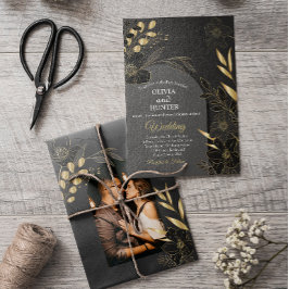 Invitación Con Relieve Metalizado Elegante Boda de fotografías florales en negro y o