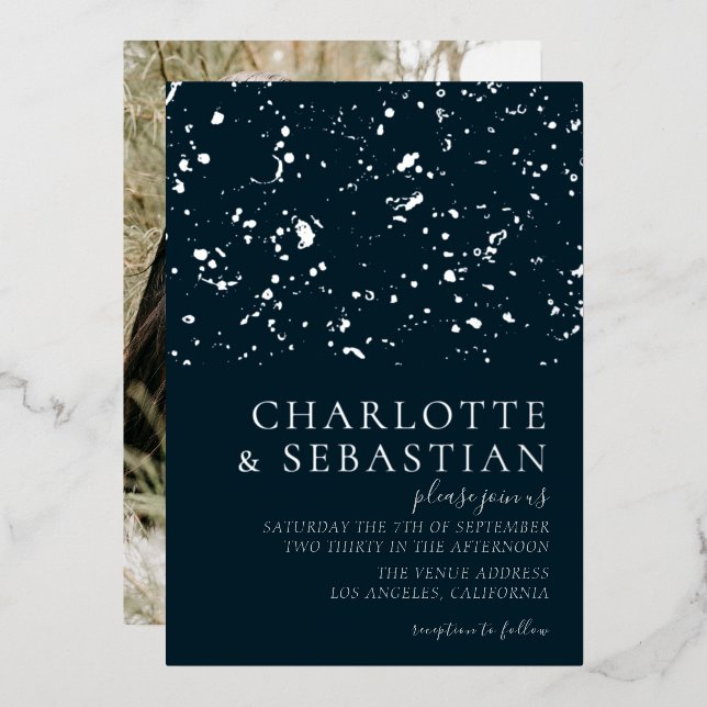 Invitación Con Relieve Metalizado Elegante Boda de fotos azul profundo personalizado (Anverso/Reverso)