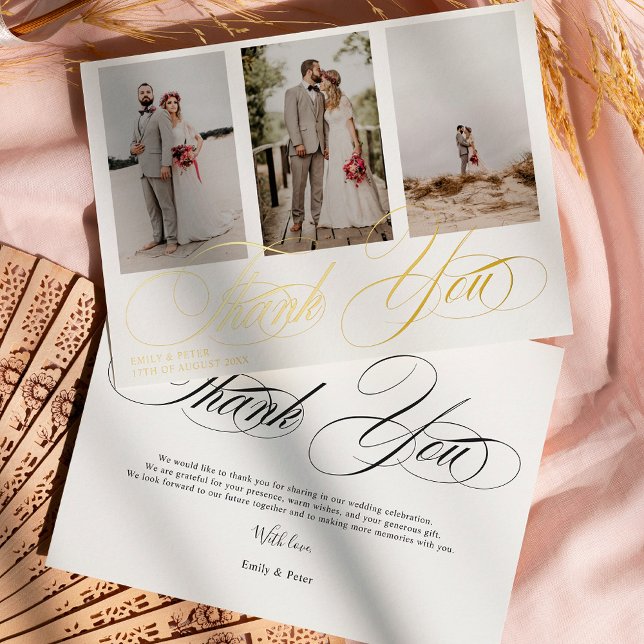 Invitación Con Relieve Metalizado Elegante boda de fotos en blanco y negro (Elegant white thank you 3 photo wedding foil invitation)