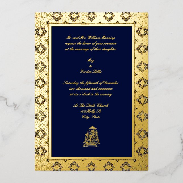 Invitación Con Relieve Metalizado Elegante Boda de frontera indio del siglo XVII (Anverso)