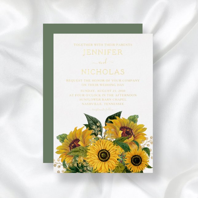 Invitación Con Relieve Metalizado Elegante Boda de girasoles florales verdes (Subido por el creador)