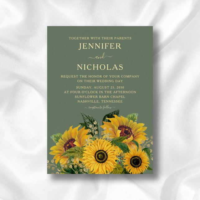 Invitación Con Relieve Metalizado Elegante Boda de girasoles florales verdes (Subido por el creador)