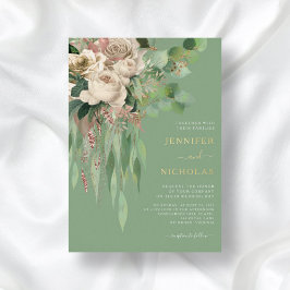 Invitación Con Relieve Metalizado Elegante Boda de Green Floral Peonies