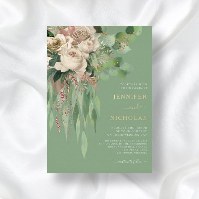 Invitación Con Relieve Metalizado Elegante Boda de Green Floral Peonies (Subido por el creador)