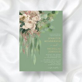 Invitación Con Relieve Metalizado Elegante Boda de Green Floral Peonies