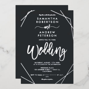 Invitación Con Relieve Metalizado Elegante boda de guión de plata de marco geométric