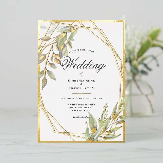 Invitación Con Relieve Metalizado Elegante Boda de guión de vegetación (Anverso de pie)