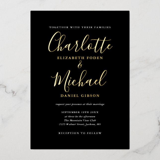 Invitación Con Relieve Metalizado Elegante Boda De Guión Firma Negro Y Oro (Anverso)