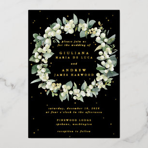 Invitación Con Relieve Metalizado Elegante Boda de guirnalda negra y eucalipto