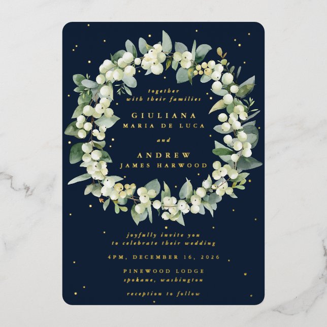 Invitación Con Relieve Metalizado Elegante Boda de guirnaldas de la marina Snowberry (Anverso)