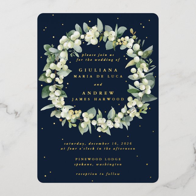 Invitación Con Relieve Metalizado Elegante Boda de guirnaldas de la marina Snowberry (Anverso)
