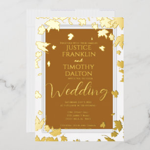 Invitación Con Relieve Metalizado Elegante Boda de Hoja de Arce Tradicional de Otoño