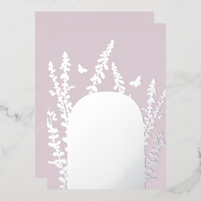 Invitación Con Relieve Metalizado Elegante Boda de hojas de jardín y mariposas (Anverso/Reverso)