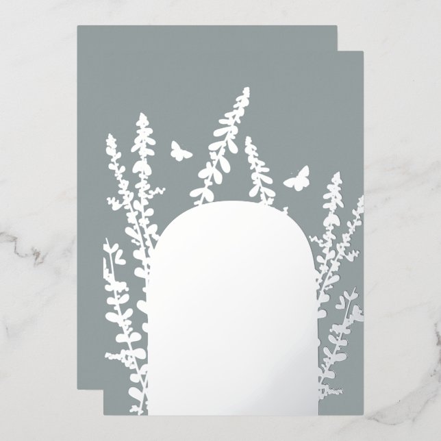 Invitación Con Relieve Metalizado Elegante Boda de hojas de jardín y mariposas (Anverso/Reverso)