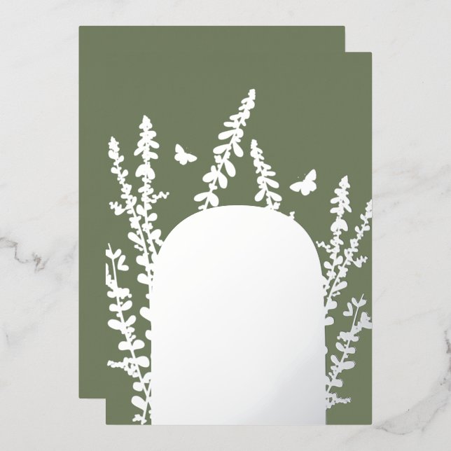 Invitación Con Relieve Metalizado Elegante Boda de hojas de jardín y mariposas (Anverso/Reverso)