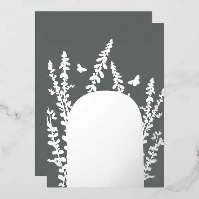 Invitación Con Relieve Metalizado Elegante Boda de hojas de jardín y mariposas (Anverso/Reverso)