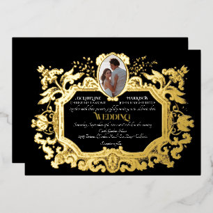 Invitación Con Relieve Metalizado Elegante Boda de Invierno Art Nouveau Negro y Oro