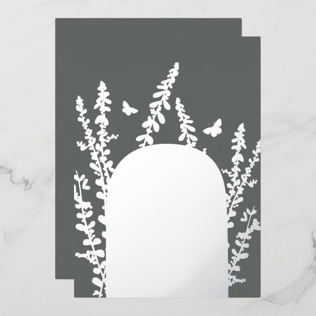 Invitación Con Relieve Metalizado Elegante boda de jardín con hojas y mariposas    (Anverso/Reverso)