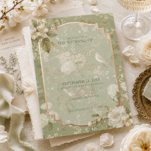 Invitación Con Relieve Metalizado Elegante Boda de Jardín de Pájaros Florales Verde