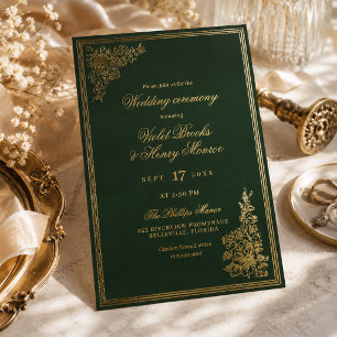 Invitación Con Relieve Metalizado Elegante Boda de Jardín Vintage Regencia Esmeralda