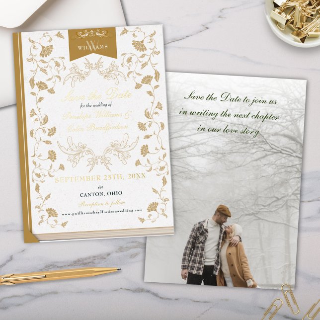 Invitación Con Relieve Metalizado Elegante Boda de la Biblioteca de Oro Blanco salva (Elegant White and Gold Foil Wedding Save the Date Invitation Cards for Library Theme Wedding)