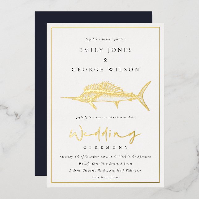 Invitación Con Relieve Metalizado Elegante Boda de la Marina de Relieve metalizado d (Anverso/Reverso)