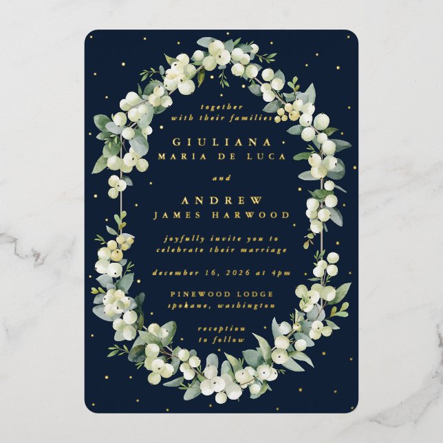 Invitación Con Relieve Metalizado Elegante Boda de la Marina Oscura Snowberry+Eucaly (Anverso)