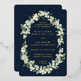 Invitación Con Relieve Metalizado Elegante Boda de la Marina Oscura Snowberry+Eucaly