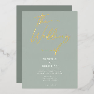 Invitación Con Relieve Metalizado Elegante Boda de Letra Caligrafía Verde Salvia Dor